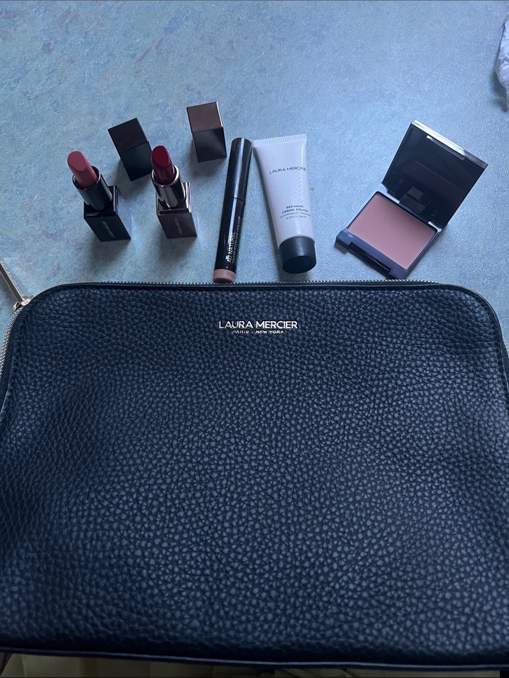 Laura Mercier Black Pebbled Makeup Pouch with Lip & Cheek, cleanser travel size